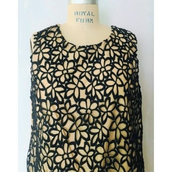 LELA ROSE BLACK BEIGE CUT-WORK FLORAL LACE SILK BLEND LONG TOP XL NWT - Picture 6 of 10